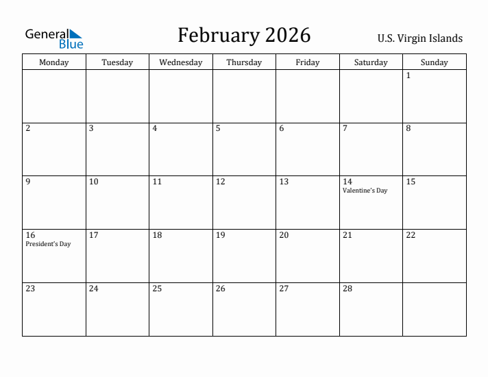 February 2026 Calendar U.S. Virgin Islands