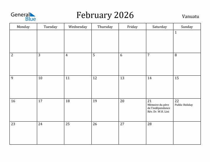 February 2026 Calendar Vanuatu
