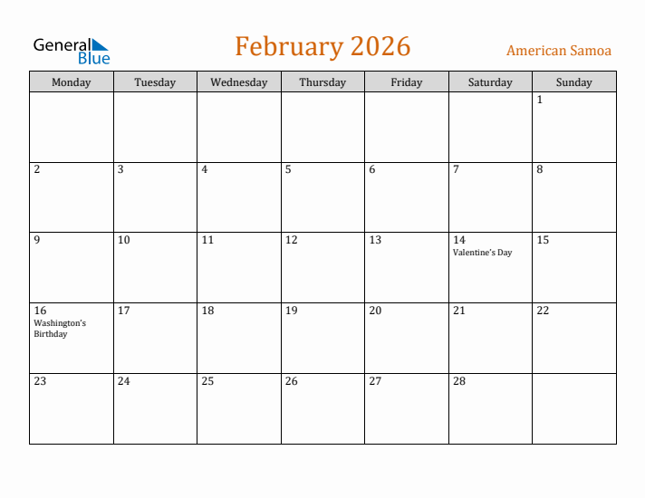 February 2026 Holiday Calendar with Monday Start
