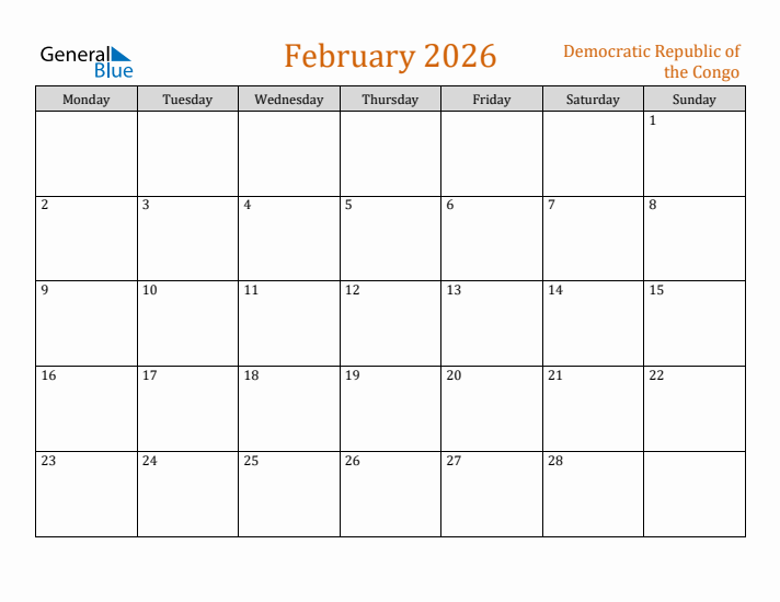 February 2026 Holiday Calendar with Monday Start