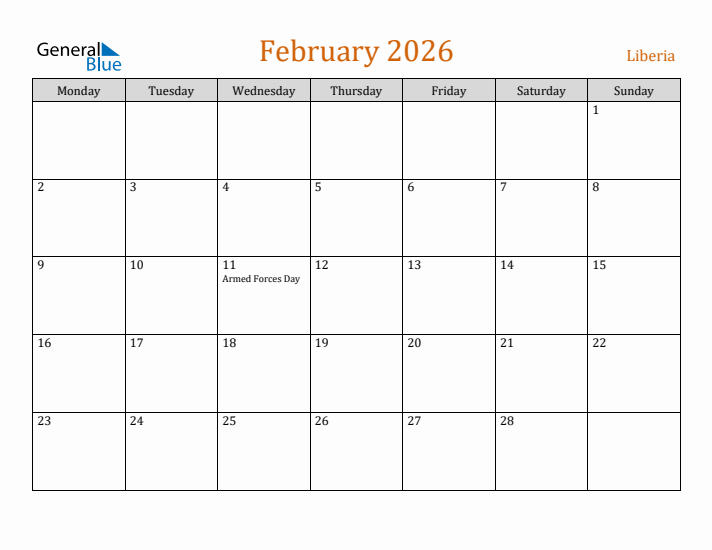 February 2026 Holiday Calendar with Monday Start