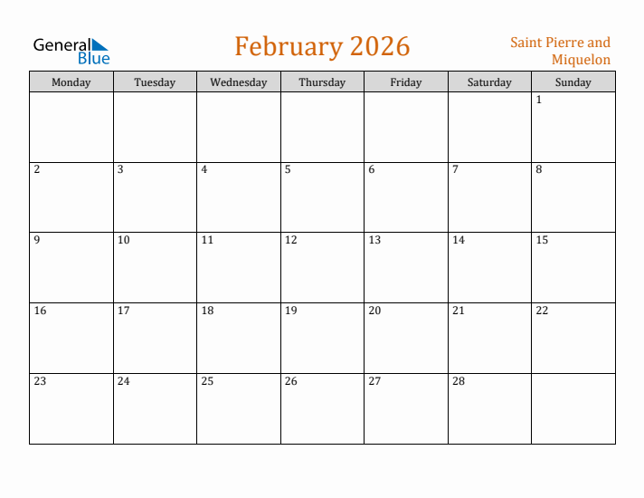 February 2026 Holiday Calendar with Monday Start