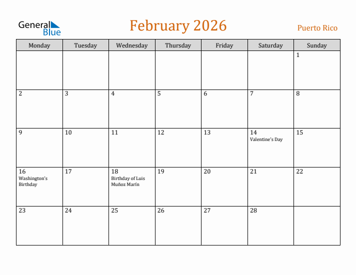 February 2026 Holiday Calendar with Monday Start