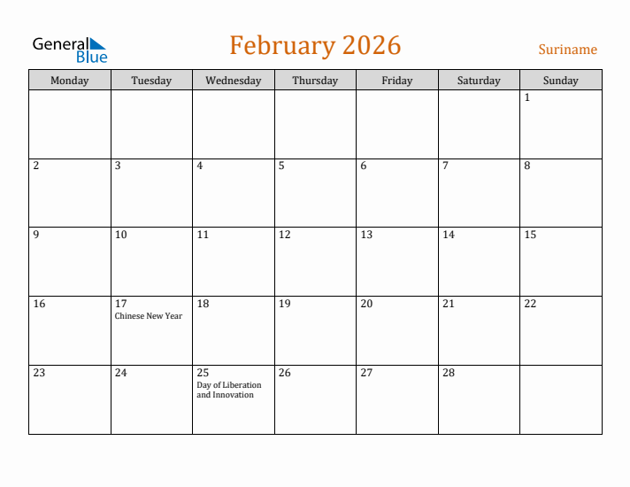 February 2026 Holiday Calendar with Monday Start