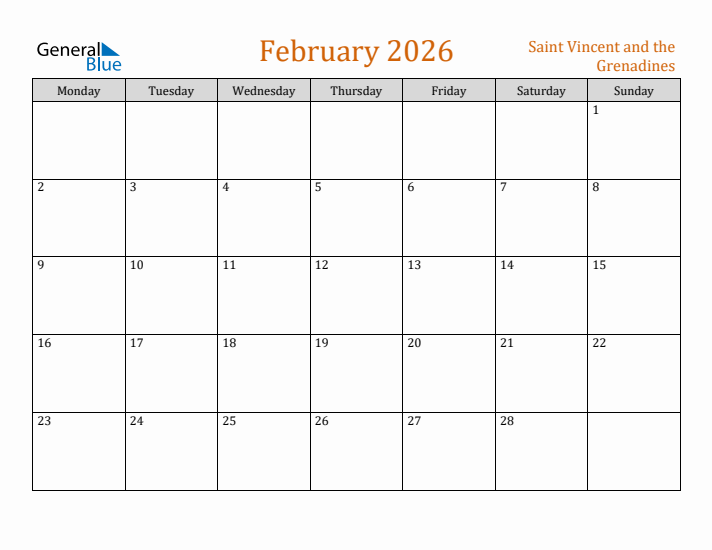 February 2026 Holiday Calendar with Monday Start