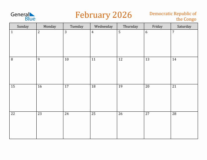 February 2026 Holiday Calendar with Sunday Start