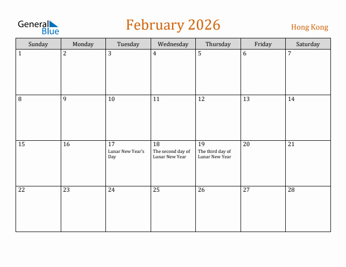February 2026 Holiday Calendar with Sunday Start
