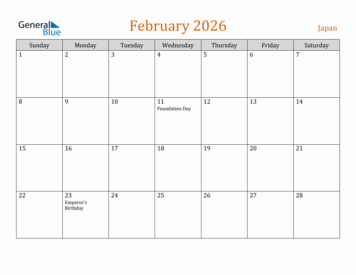 Free February 2026 Japan Calendar
