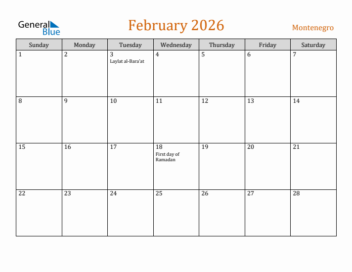 February 2026 Holiday Calendar with Sunday Start