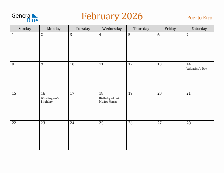 February 2026 Holiday Calendar with Sunday Start