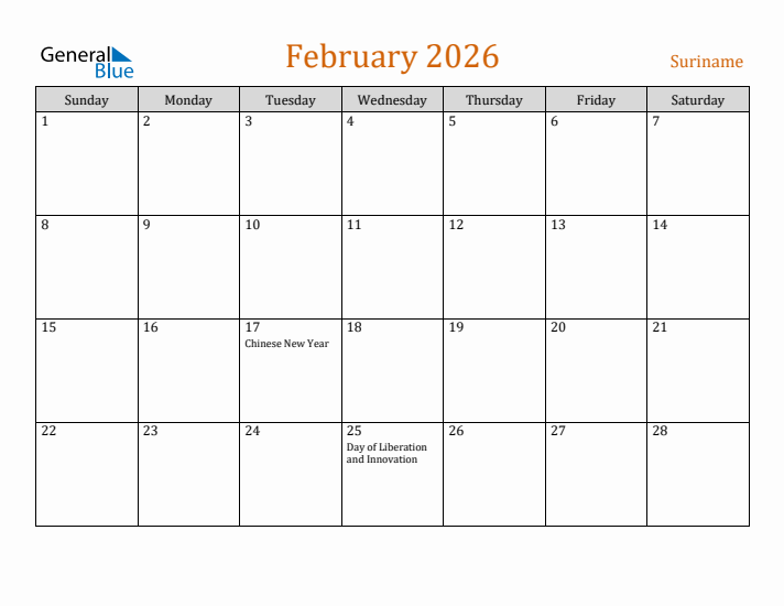 February 2026 Holiday Calendar with Sunday Start