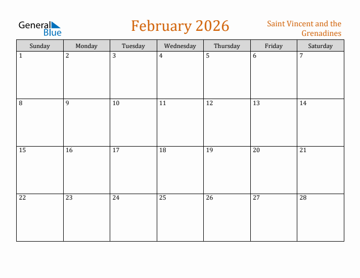 February 2026 Holiday Calendar with Sunday Start
