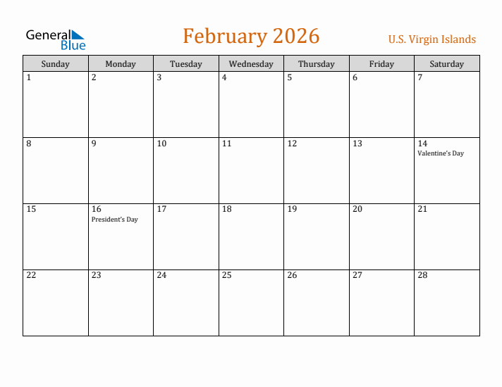 February 2026 Holiday Calendar with Sunday Start