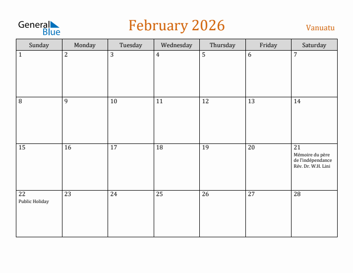 February 2026 Holiday Calendar with Sunday Start