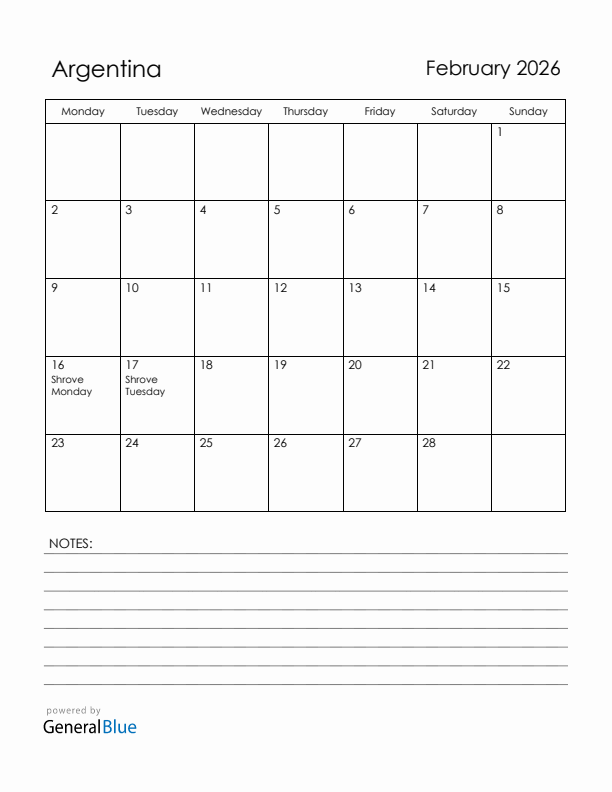 February 2026 Argentina Calendar with Holidays (Monday Start)