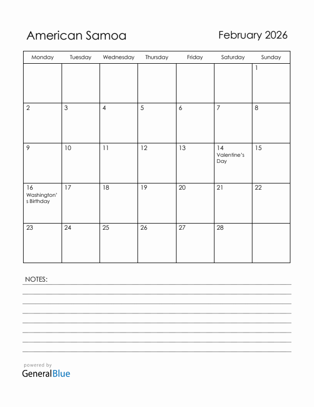 February 2026 American Samoa Calendar with Holidays (Monday Start)