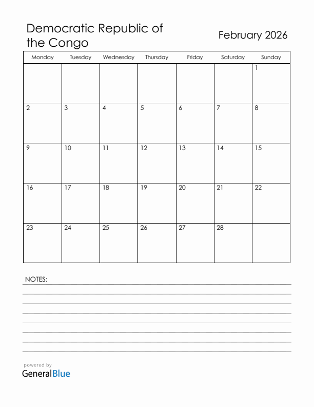 February 2026 Democratic Republic of the Congo Calendar with Holidays (Monday Start)