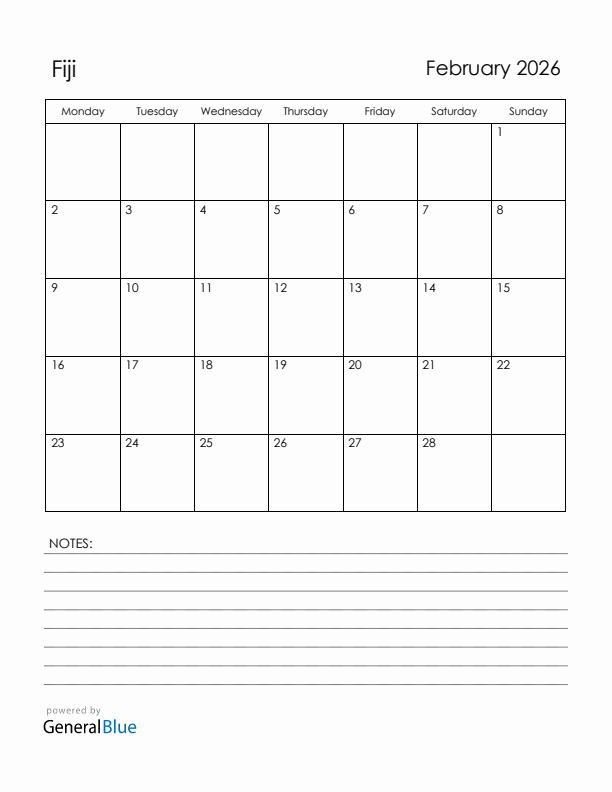 February 2026 Fiji Calendar with Holidays (Monday Start)