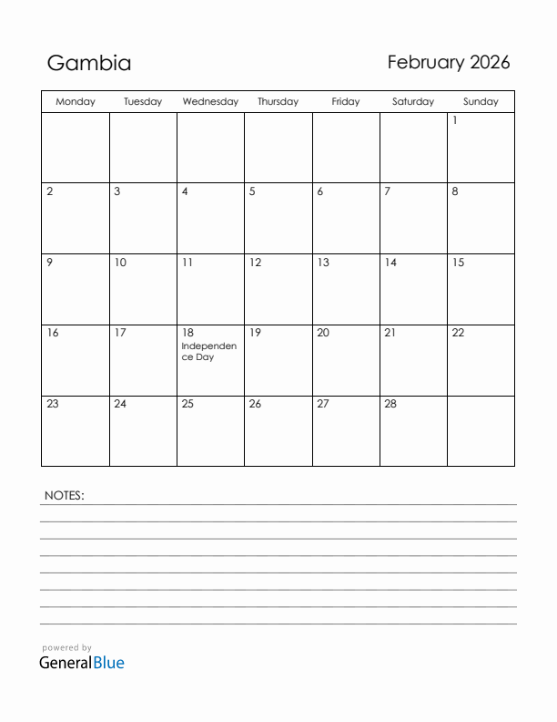 February 2026 Gambia Calendar with Holidays (Monday Start)