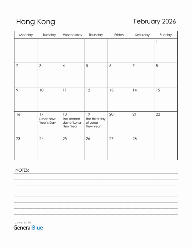 February 2026 Hong Kong Calendar with Holidays (Monday Start)