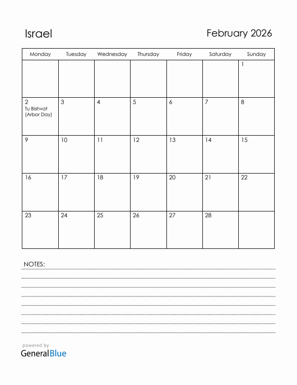 February 2026 Israel Calendar with Holidays (Monday Start)