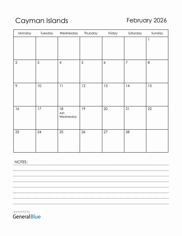 February 2026 Cayman Islands Calendar with Holidays (Monday Start)