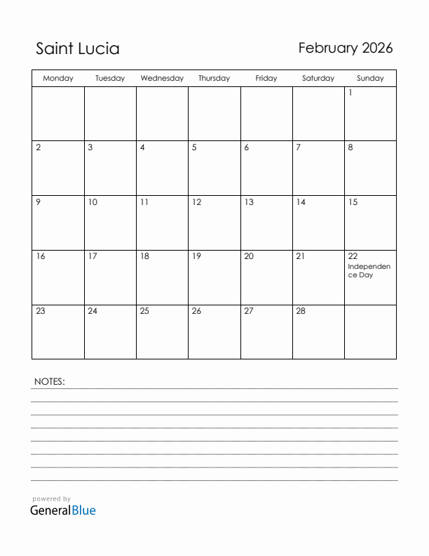 February 2026 Saint Lucia Calendar with Holidays (Monday Start)