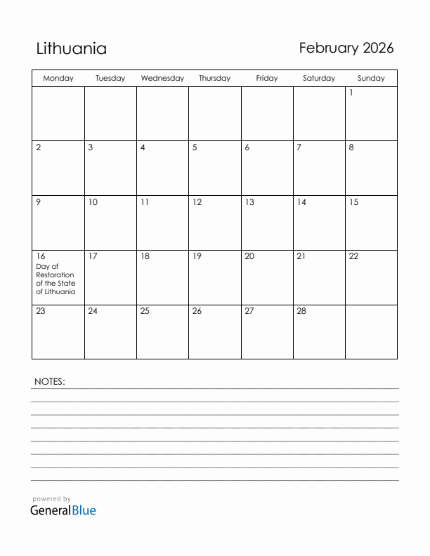 February 2026 Lithuania Calendar with Holidays (Monday Start)