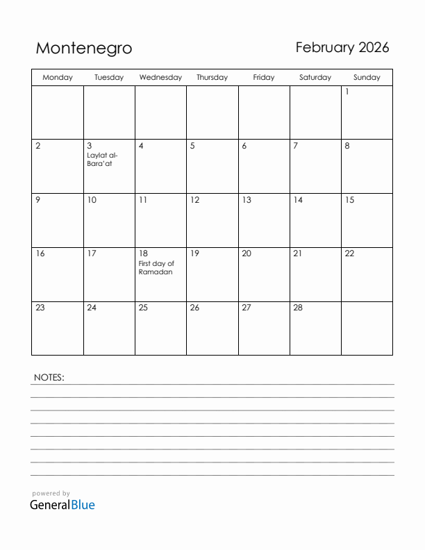 February 2026 Montenegro Calendar with Holidays (Monday Start)
