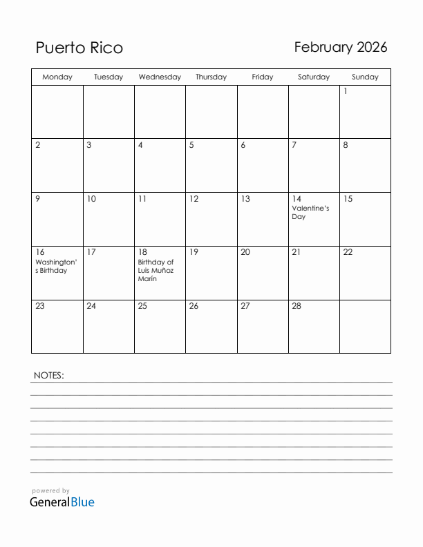 February 2026 Puerto Rico Calendar with Holidays (Monday Start)