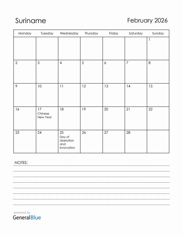 February 2026 Suriname Calendar with Holidays (Monday Start)