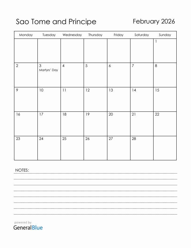 February 2026 Sao Tome and Principe Calendar with Holidays (Monday Start)