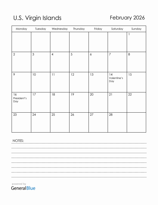 February 2026 U.S. Virgin Islands Calendar with Holidays (Monday Start)