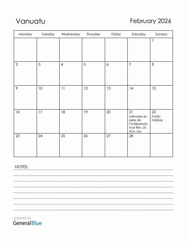February 2026 Vanuatu Calendar with Holidays (Monday Start)