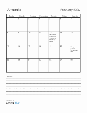 Current month calendar with Armenia holidays for February 2026