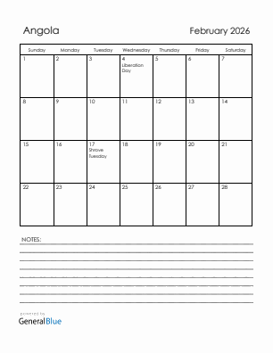 Current month calendar with Angola holidays for February 2026