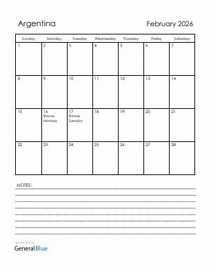 Current month calendar with Argentina holidays for February 2026