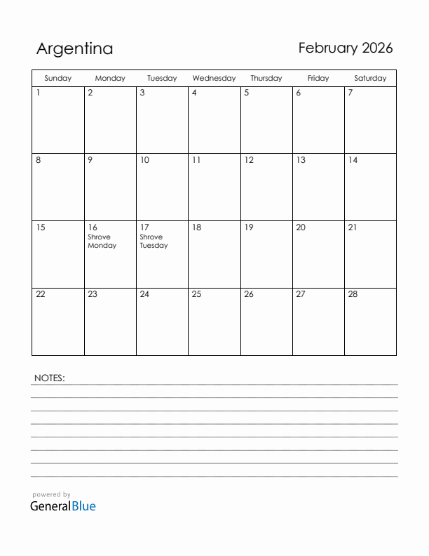 February 2026 Argentina Calendar with Holidays (Sunday Start)