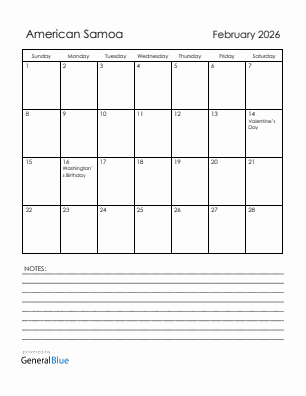 Current month calendar with American Samoa holidays for February 2026