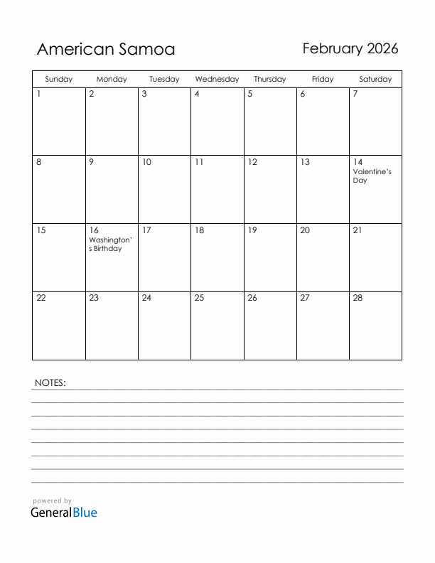 February 2026 American Samoa Calendar with Holidays (Sunday Start)