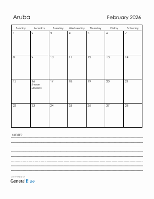Current month calendar with Aruba holidays for February 2026