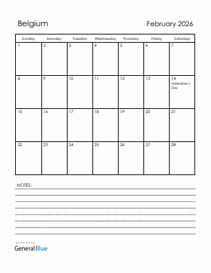 Current month calendar with Belgium holidays for February 2026