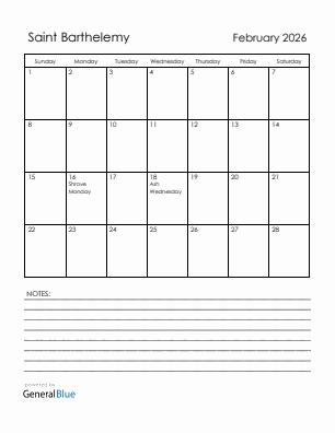 Current month calendar with Saint Barthelemy holidays for February 2026