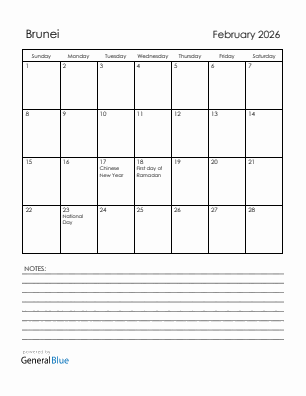 Current month calendar with Brunei holidays for February 2026