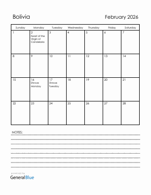 Current month calendar with Bolivia holidays for February 2026