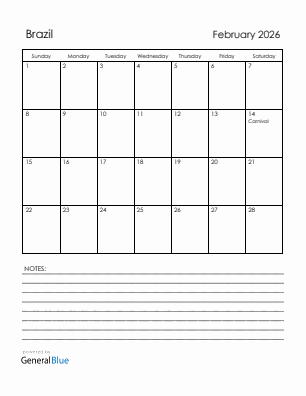 Current month calendar with Brazil holidays for February 2026