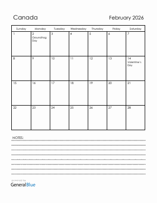 Current month calendar with Canada holidays for February 2026