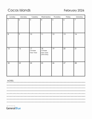 Current month calendar with Cocos Islands holidays for February 2026