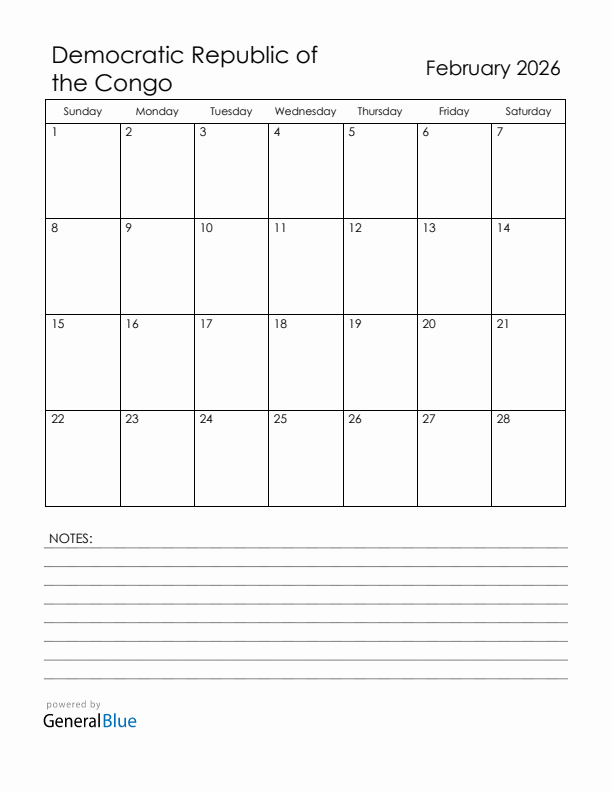 February 2026 Democratic Republic of the Congo Calendar with Holidays (Sunday Start)