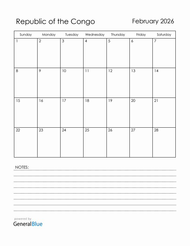 February 2026 Republic of the Congo Calendar with Holidays (Sunday Start)